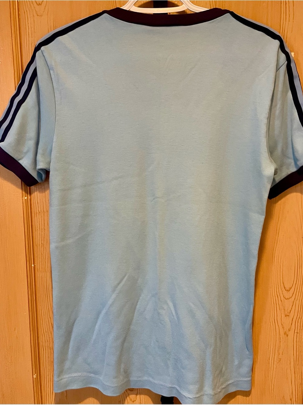 Adidas Trefoil Ringer Tee Light Blue Dark Navy 3 Stripe Shirt Small - Picture 2 of 2